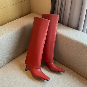 Vertundy Women's Knee High Boots Fold Over High Heel Booties Square Toe Comfortable Dress Kitten Heel Shoes