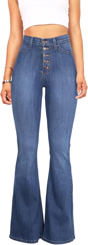 Vibrant Women’s Flare Denim Jeans – High Waisted Button Up Bell Bottom Stretch Classic Flared Pants