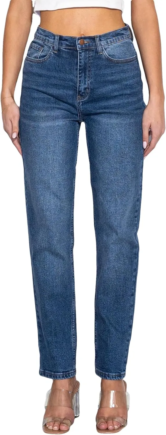 Vibrant Women’s Loose Mom Jeans – 90’s Vibe High Waisted Casual Rolled Hem Crop Stretch Denim Pants