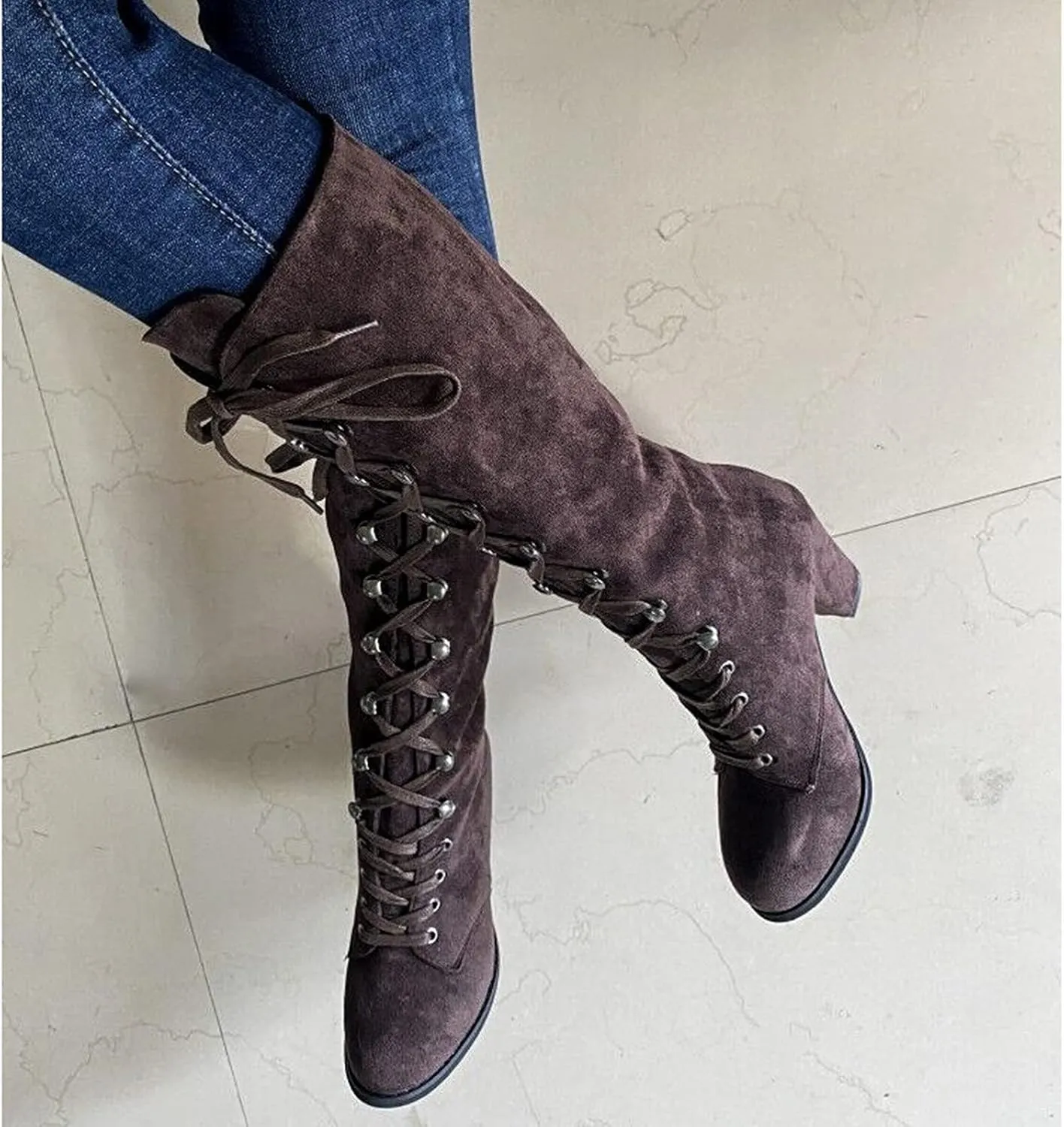 Victorian Boots for Women Medieval Vintage Chunky Heel Boots Fall Winter Suede Lace Up Mid Calf Boot Goth Steampunk Halloween