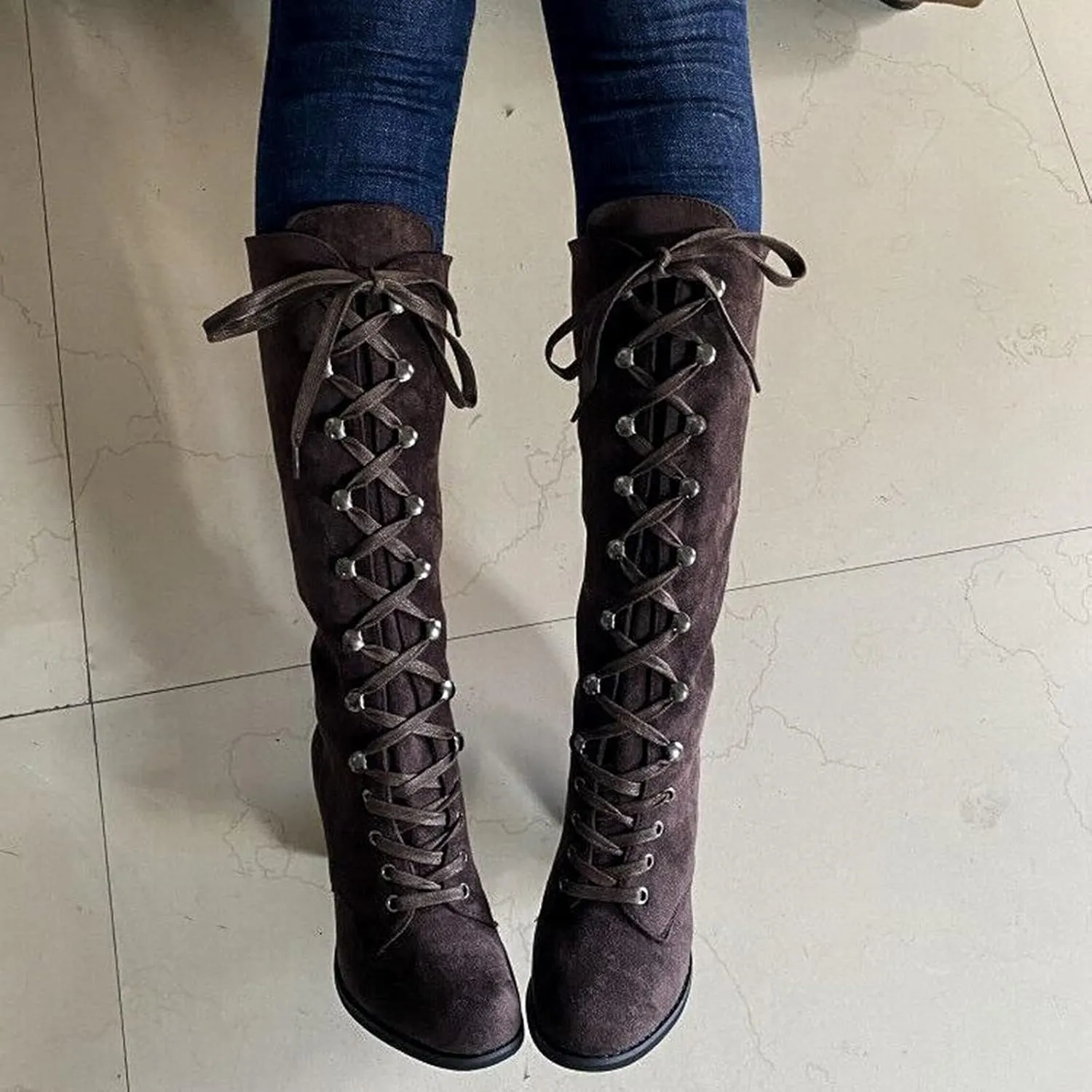 Victorian Boots for Women Medieval Vintage Chunky Heel Boots Fall Winter Suede Lace Up Mid Calf Boot Goth Steampunk Halloween
