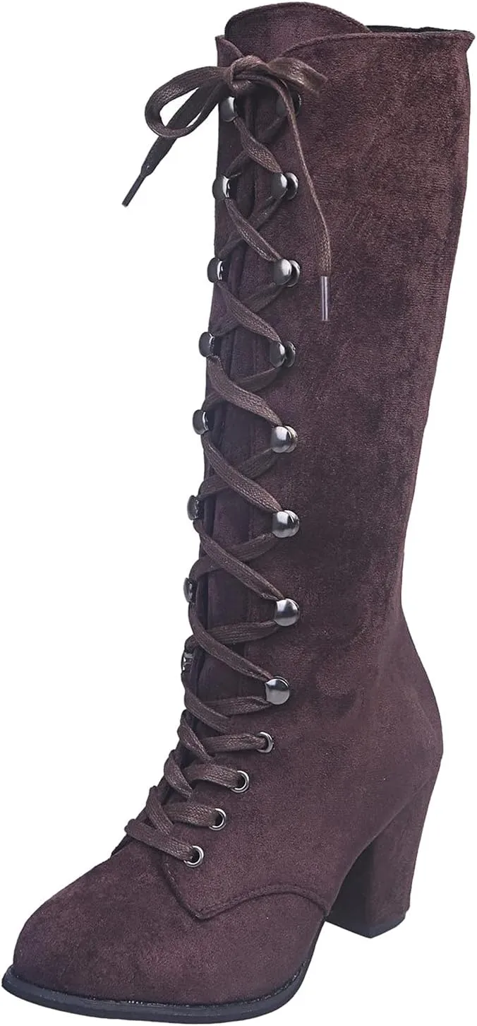 Victorian Boots for Women Medieval Vintage Chunky Heel Boots Fall Winter Suede Lace Up Mid Calf Boot Goth Steampunk Halloween