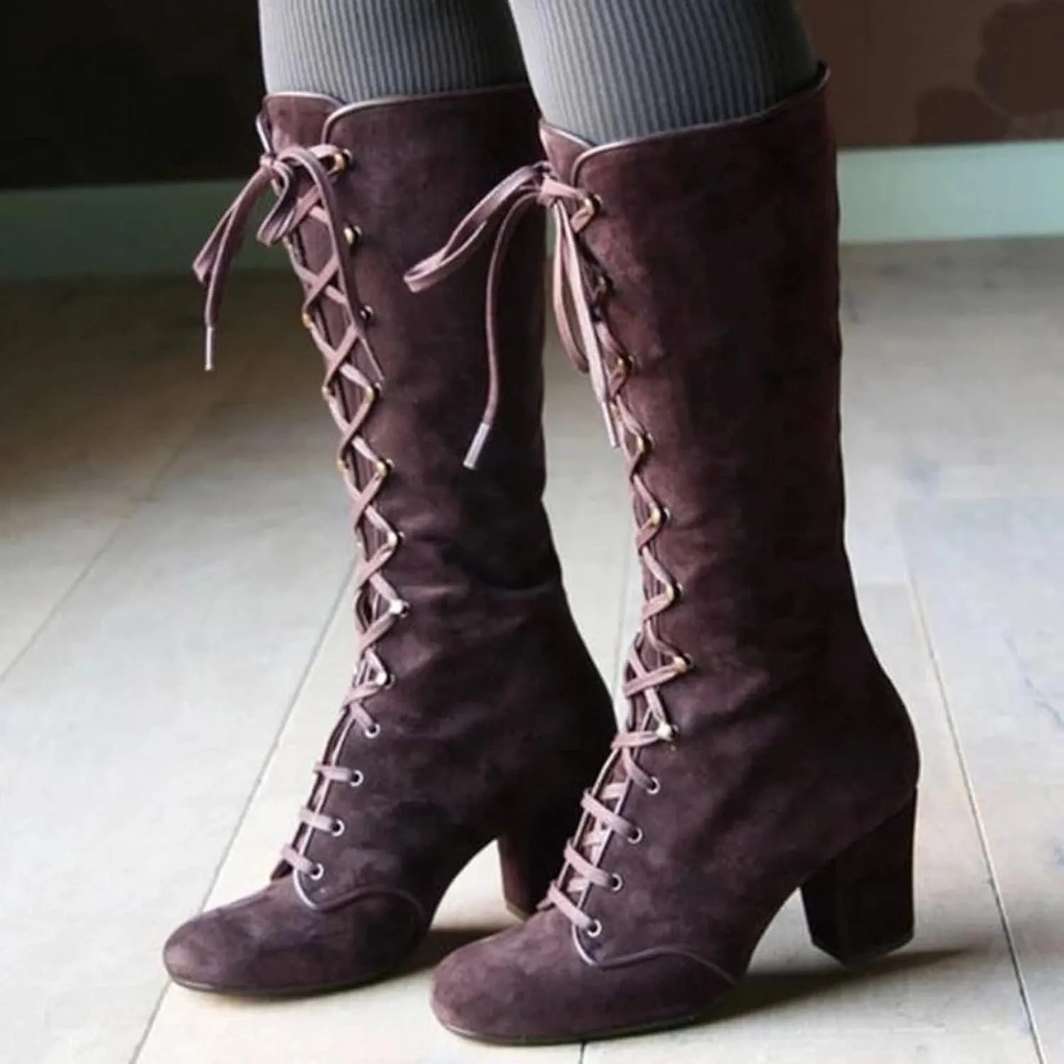 Victorian Boots for Women Medieval Vintage Chunky Heel Boots Fall Winter Suede Lace Up Mid Calf Boot Goth Steampunk Halloween