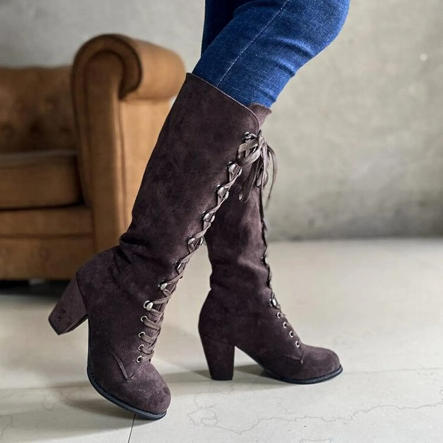 Victorian Boots for Women Medieval Vintage Chunky Heel Boots Fall Winter Suede Lace Up Mid Calf Boot Goth Steampunk Halloween
