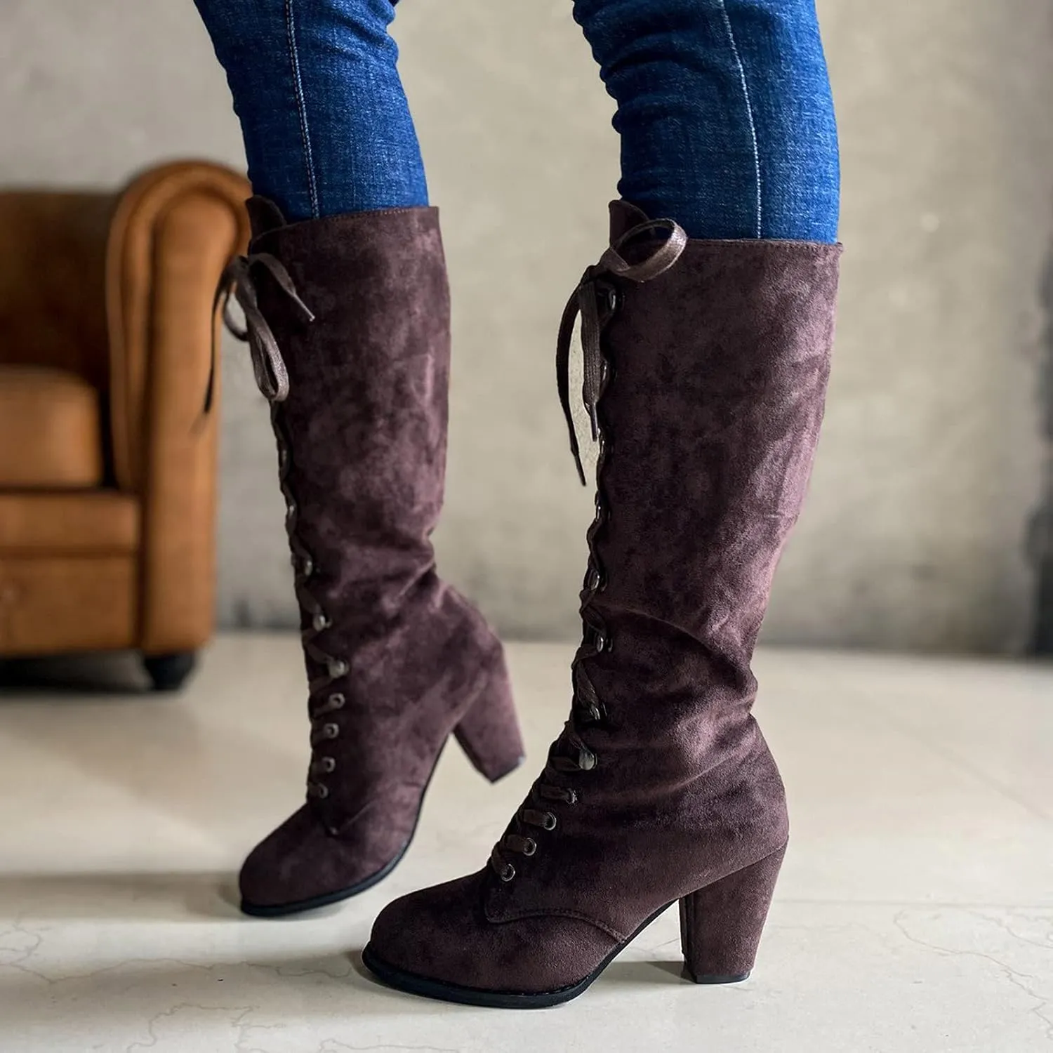 Victorian Boots for Women Medieval Vintage Chunky Heel Boots Fall Winter Suede Lace Up Mid Calf Boot Goth Steampunk Halloween