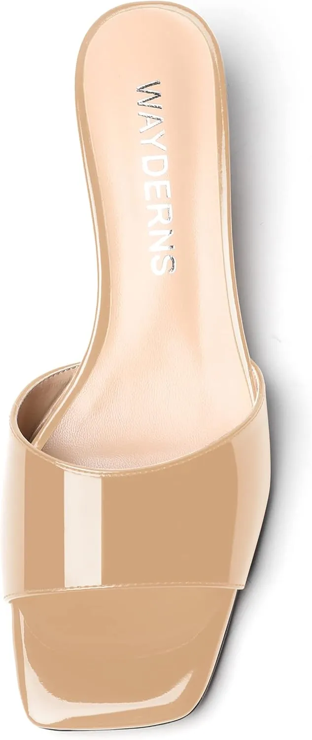 WAYDERNS Women's Square Toe Patent Slip On Open Toe Open Toe Dating Fashion Kitten Low Heel Sandals 1.5 Inch