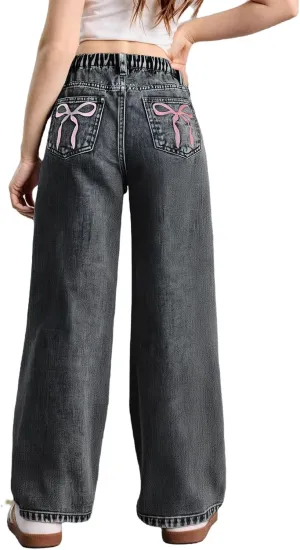 WDIRARA Girl's Bow Print Back Zipper Fly Elastic High Waist Denim Pants Basic Wide Leg Jeans