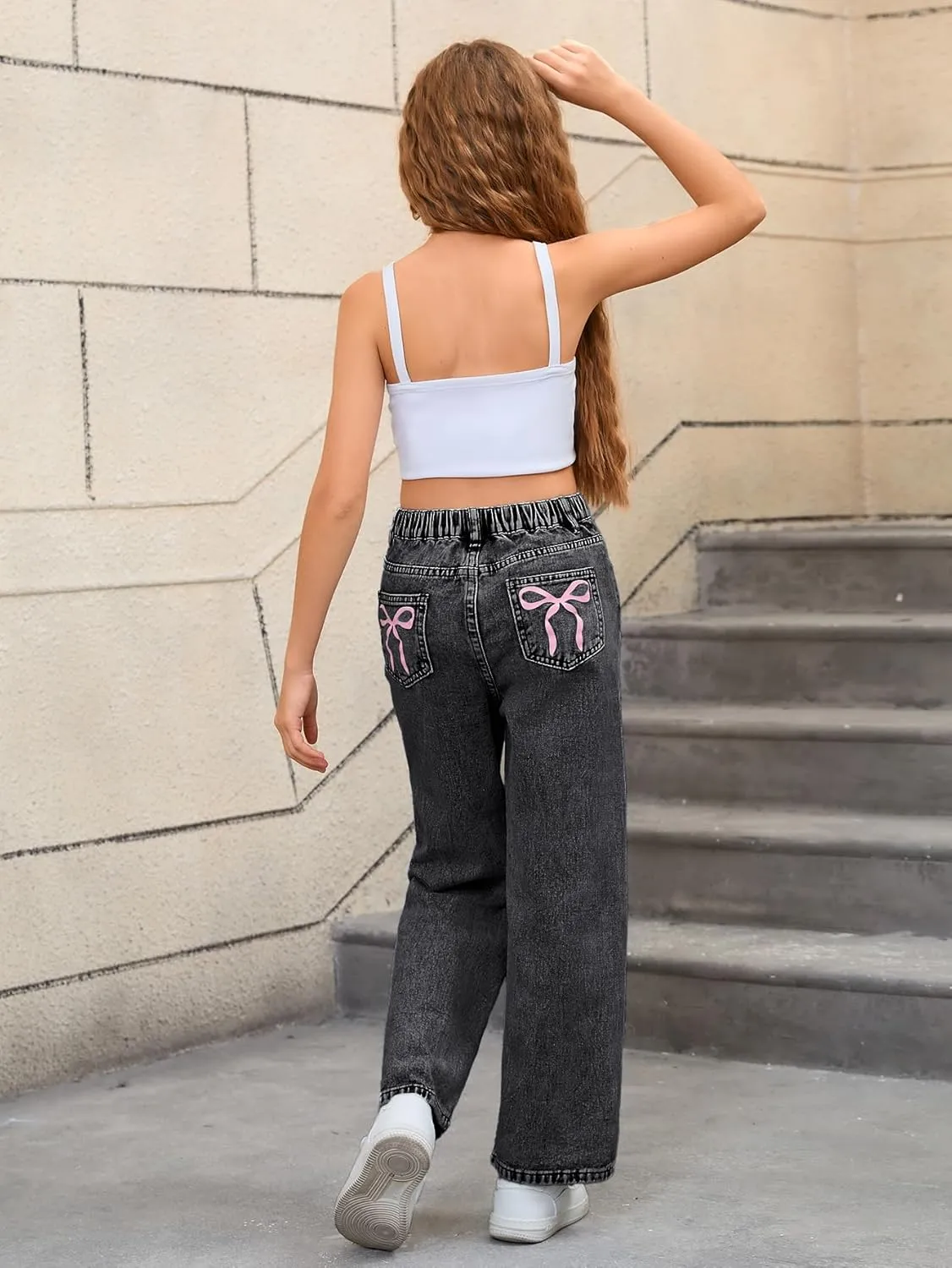 WDIRARA Girl's Bow Print Back Zipper Fly Elastic High Waist Denim Pants Basic Wide Leg Jeans