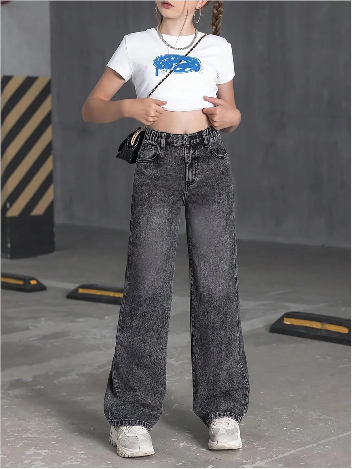WDIRARA Girl's Bow Print Back Zipper Fly Elastic High Waist Denim Pants Basic Wide Leg Jeans