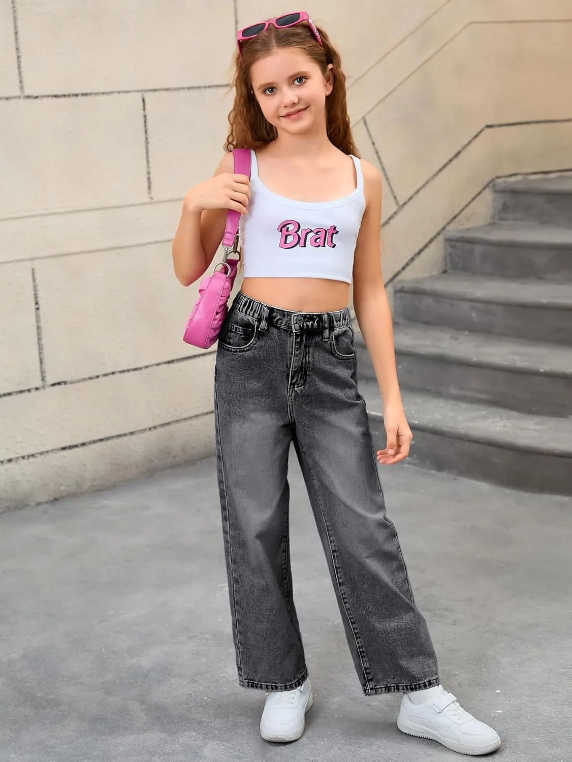 WDIRARA Girl's Bow Print Back Zipper Fly Elastic High Waist Denim Pants Basic Wide Leg Jeans