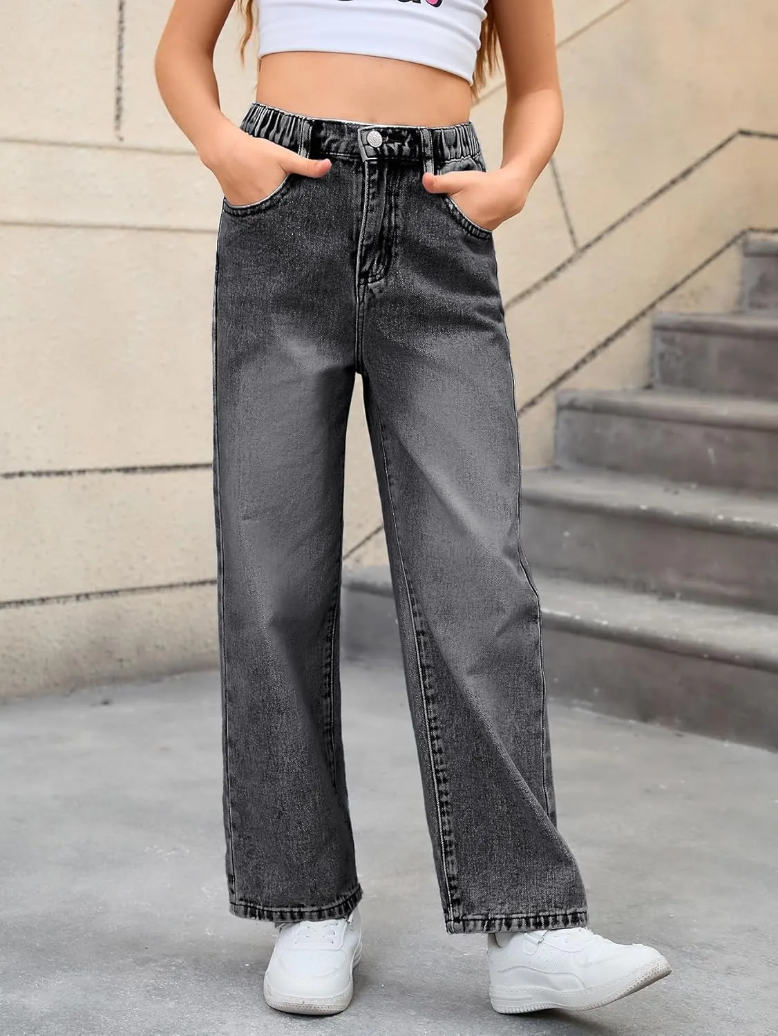 WDIRARA Girl's Bow Print Back Zipper Fly Elastic High Waist Denim Pants Basic Wide Leg Jeans