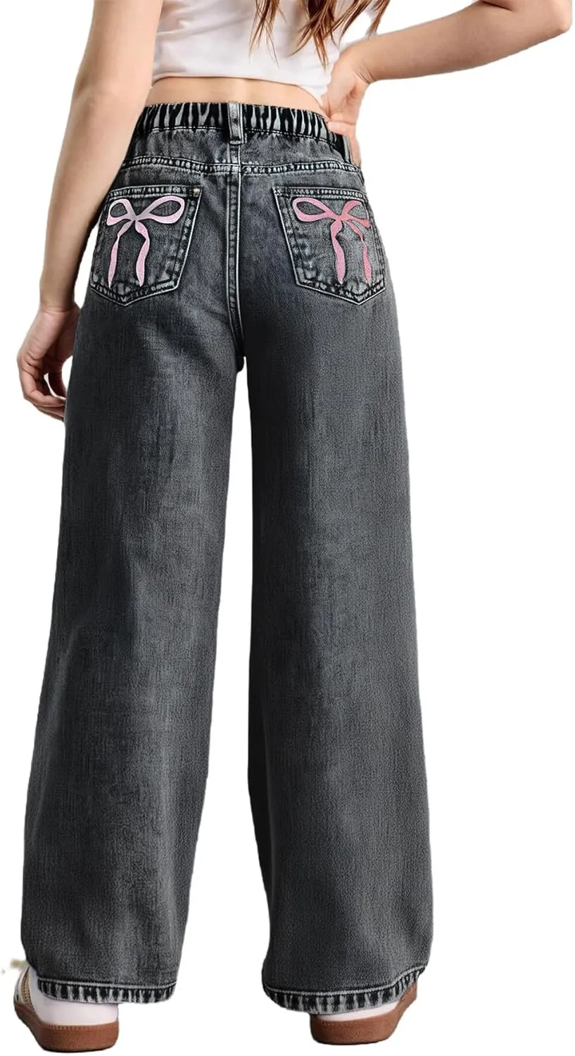 WDIRARA Girl's Bow Print Back Zipper Fly Elastic High Waist Denim Pants Basic Wide Leg Jeans