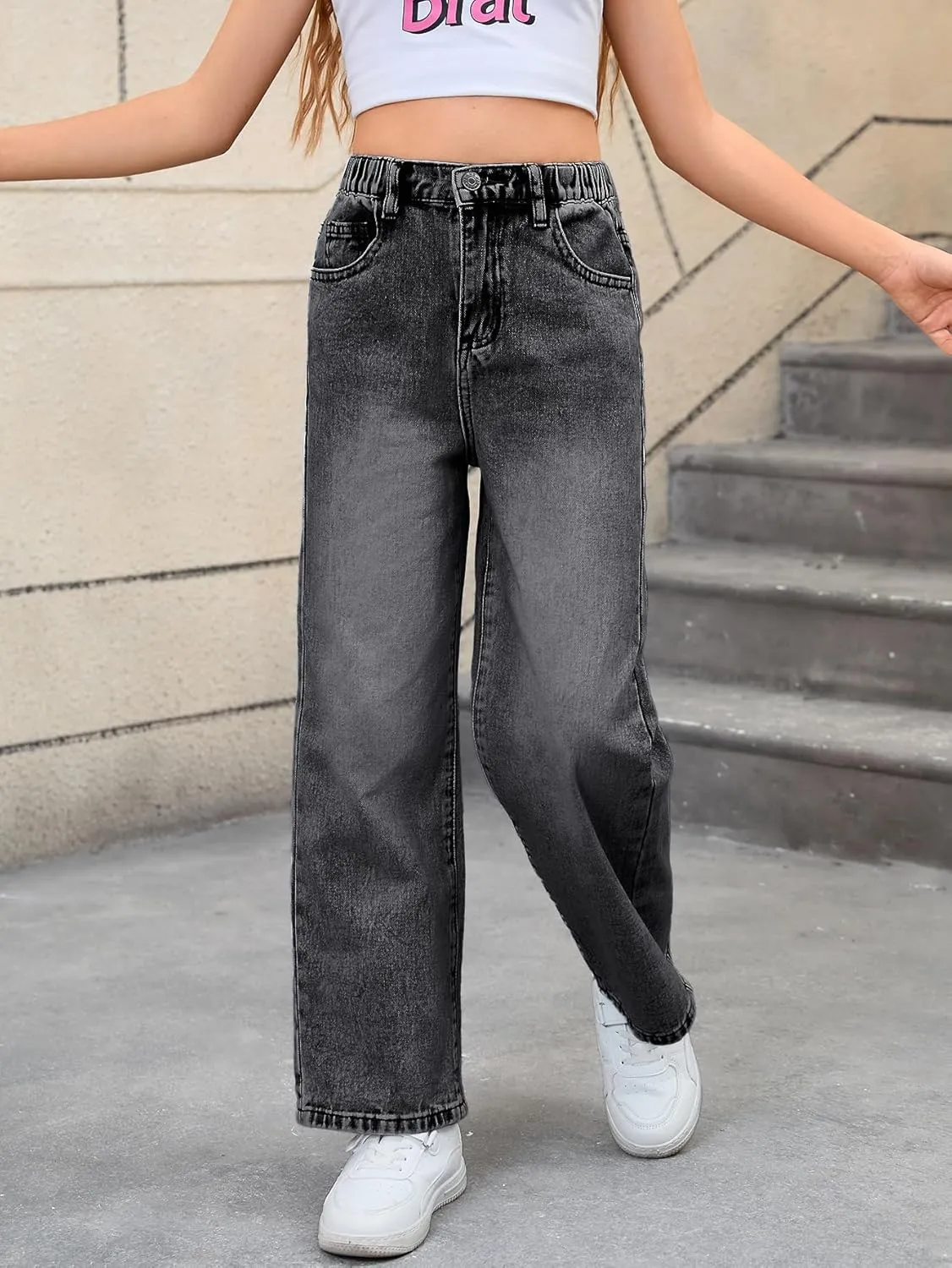 WDIRARA Girl's Bow Print Back Zipper Fly Elastic High Waist Denim Pants Basic Wide Leg Jeans