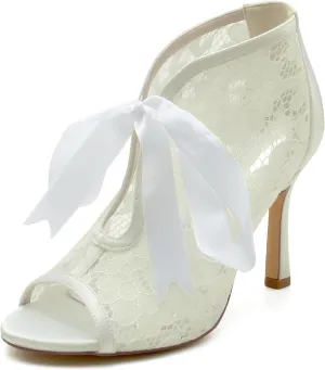 Wedding Shoes for Women Lace Satin Tie Strap Heels Bridal Shoes Peep Toe Bridesmaid Stiletto High Heel Pumps
