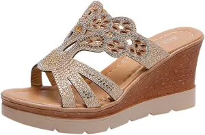 Wedding Shoes for Women Wedge Crystal Shoes Ladies Bohemia Women Slippers Sandals Thick Wedges Toe Women's Wedges (Gold, 5)