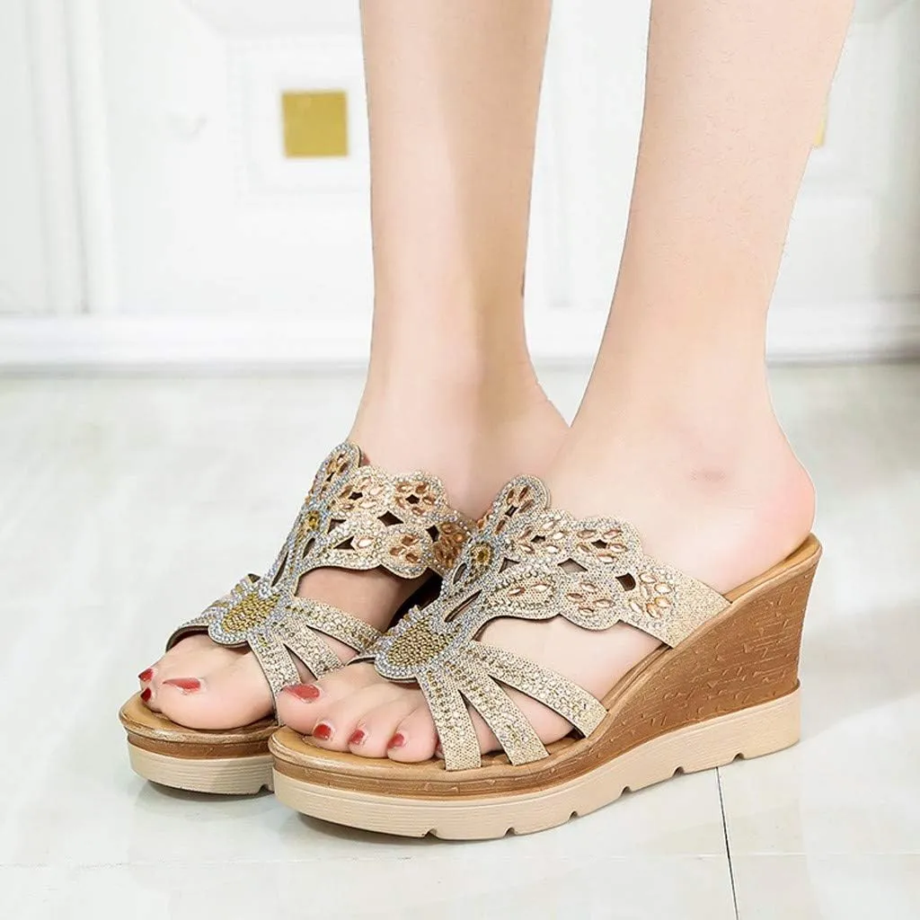 Wedding Shoes for Women Wedge Crystal Shoes Ladies Bohemia Women Slippers Sandals Thick Wedges Toe Women's Wedges (Gold, 5)