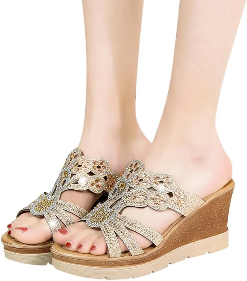 Wedding Shoes for Women Wedge Crystal Shoes Ladies Bohemia Women Slippers Sandals Thick Wedges Toe Women's Wedges (Gold, 5)