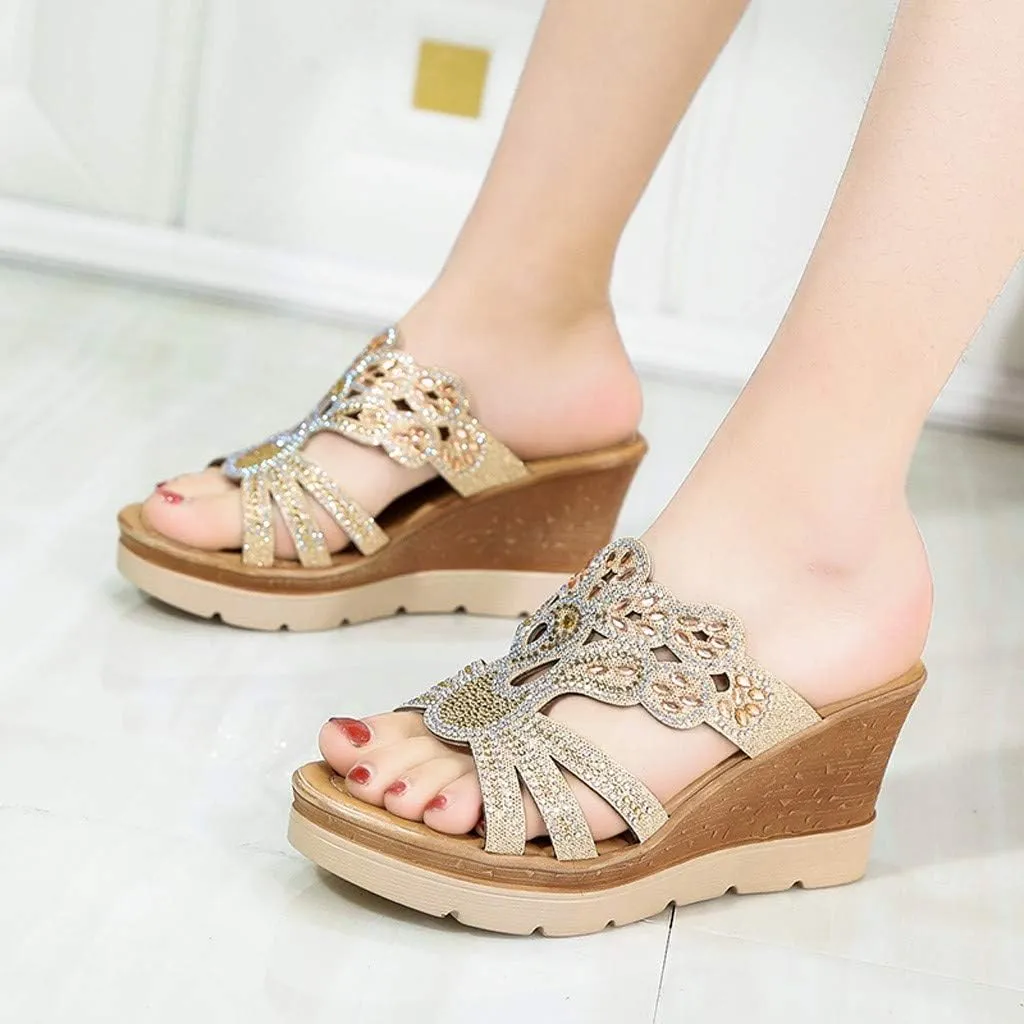 Wedding Shoes for Women Wedge Crystal Shoes Ladies Bohemia Women Slippers Sandals Thick Wedges Toe Women's Wedges (Gold, 5)