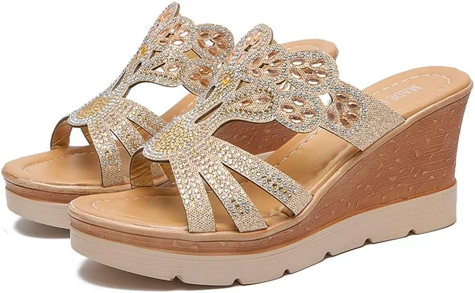 Wedding Shoes for Women Wedge Crystal Shoes Ladies Bohemia Women Slippers Sandals Thick Wedges Toe Women's Wedges (Gold, 5)