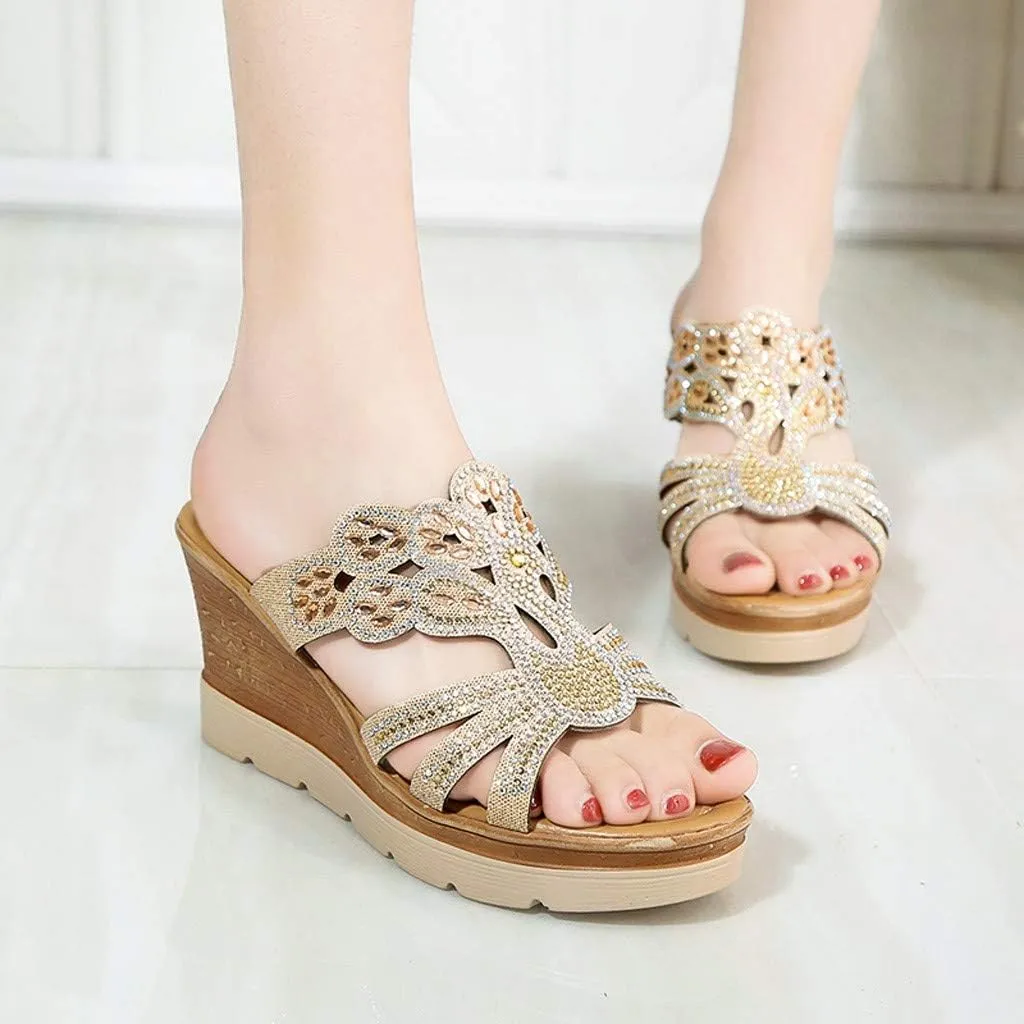Wedding Shoes for Women Wedge Crystal Shoes Ladies Bohemia Women Slippers Sandals Thick Wedges Toe Women's Wedges (Gold, 5)