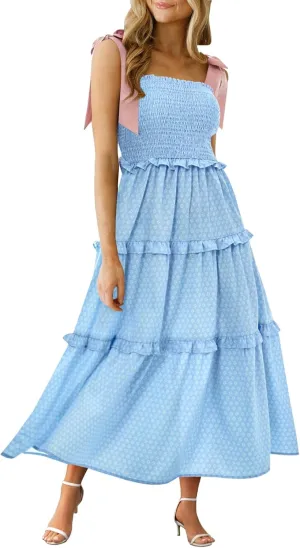 Wenrine Womens Summer Floral Maxi Dress Smocked Tie Shoulder Boho Sleeveless Ruffle Tiered Casual Beach Dresses