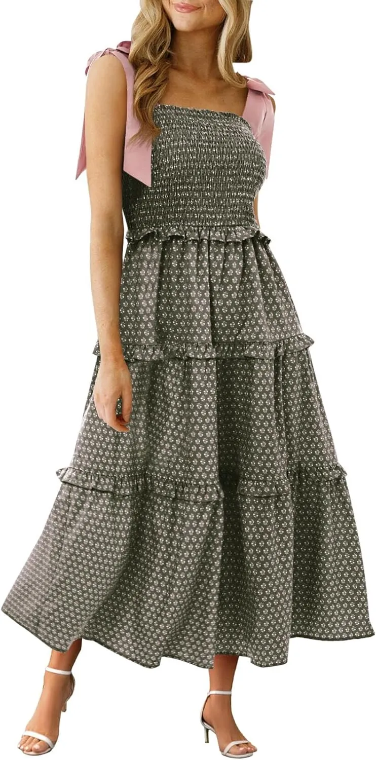 Wenrine Womens Summer Floral Maxi Dress Smocked Tie Shoulder Boho Sleeveless Ruffle Tiered Casual Beach Dresses