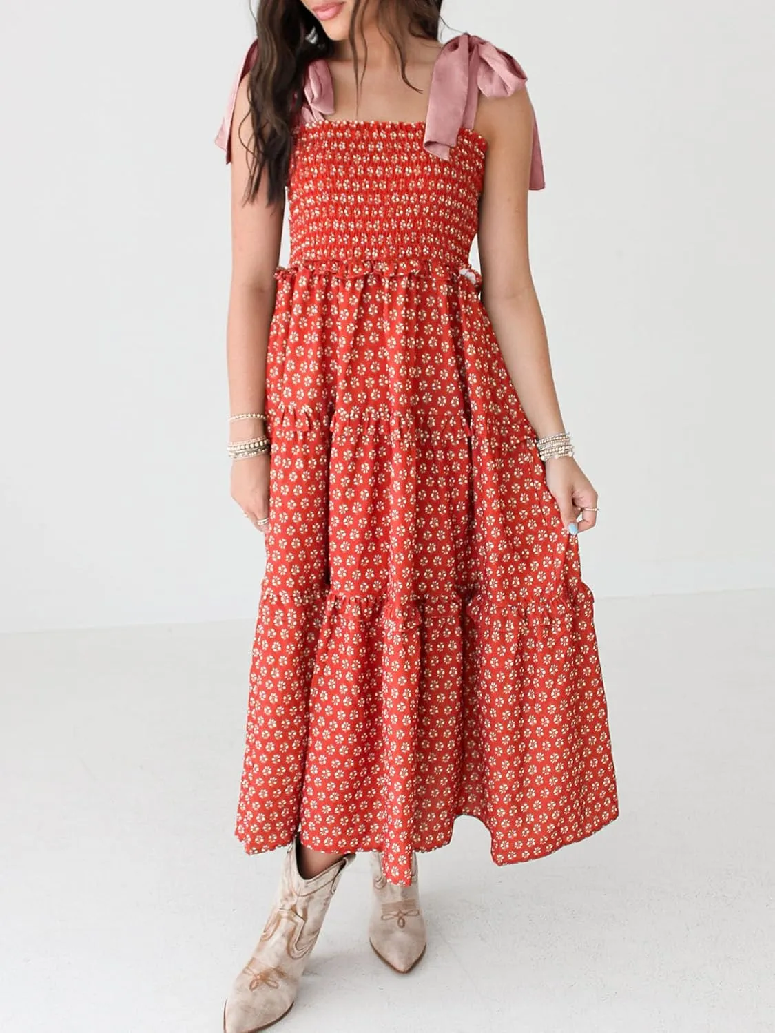 Wenrine Womens Summer Floral Maxi Dress Smocked Tie Shoulder Boho Sleeveless Ruffle Tiered Casual Beach Dresses