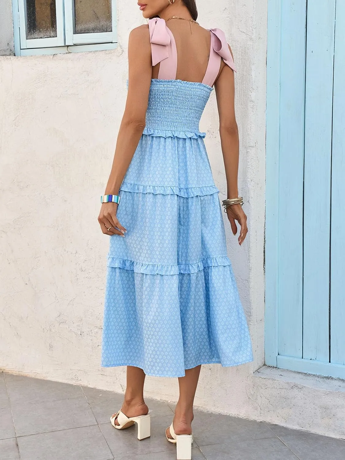 Wenrine Womens Summer Floral Maxi Dress Smocked Tie Shoulder Boho Sleeveless Ruffle Tiered Casual Beach Dresses
