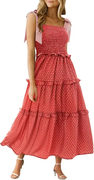Wenrine Womens Summer Floral Maxi Dress Smocked Tie Shoulder Boho Sleeveless Ruffle Tiered Casual Beach Dresses