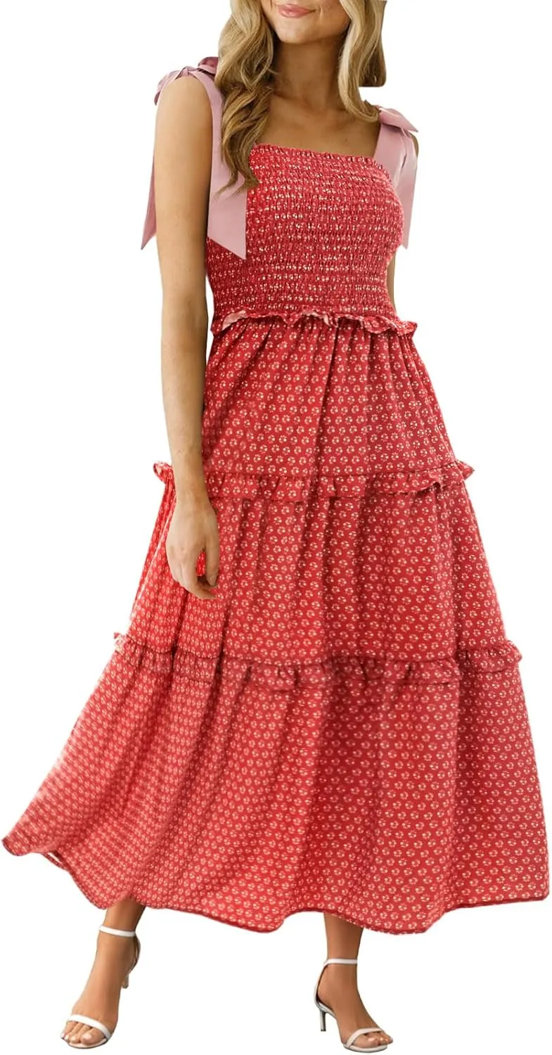 Wenrine Womens Summer Floral Maxi Dress Smocked Tie Shoulder Boho Sleeveless Ruffle Tiered Casual Beach Dresses