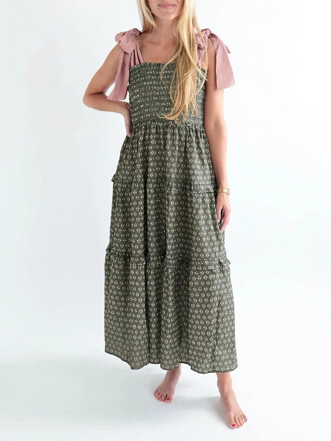 Wenrine Womens Summer Floral Maxi Dress Smocked Tie Shoulder Boho Sleeveless Ruffle Tiered Casual Beach Dresses