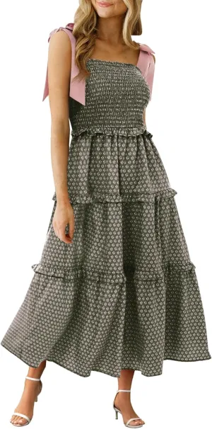 Wenrine Womens Summer Floral Maxi Dress Smocked Tie Shoulder Boho Sleeveless Ruffle Tiered Casual Beach Dresses