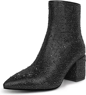 wetkiss Rhinestone/PU Low Chunky Pointed Toe Knee High Boots for Women with Full Bling Sparkly Crystals Booties for Wedding Party Date Dress