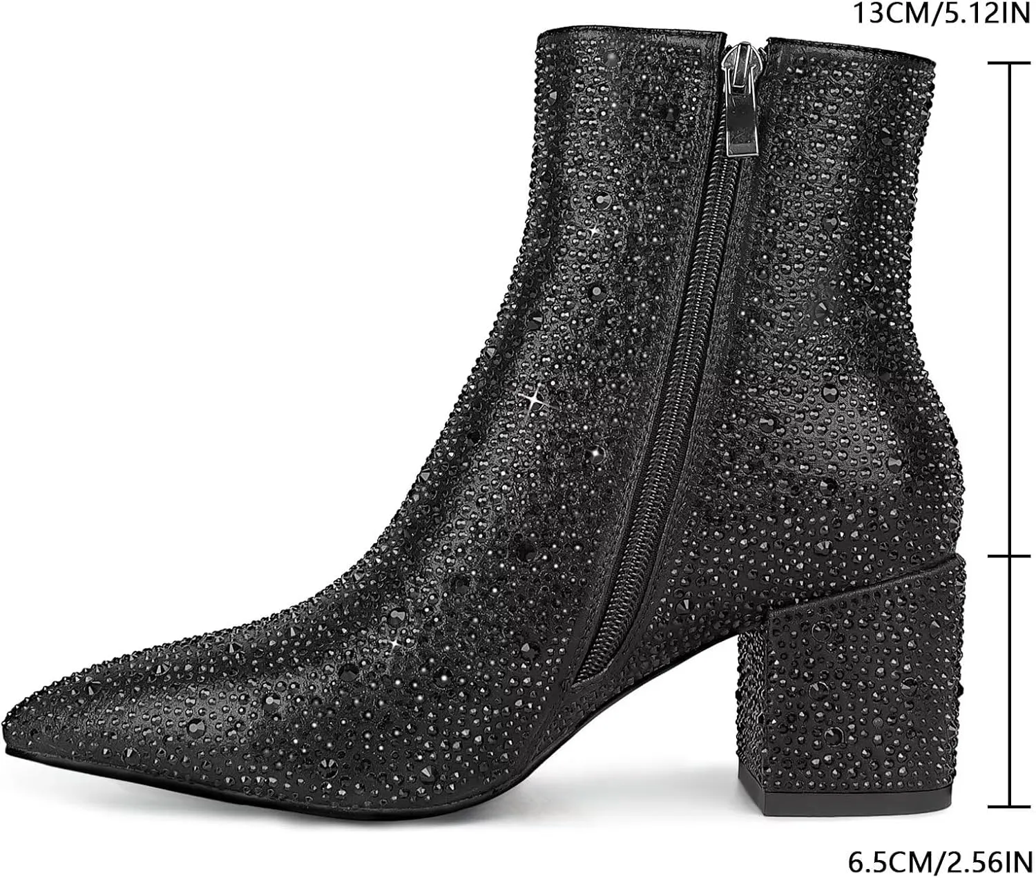 wetkiss Rhinestone/PU Low Chunky Pointed Toe Knee High Boots for Women with Full Bling Sparkly Crystals Booties for Wedding Party Date Dress