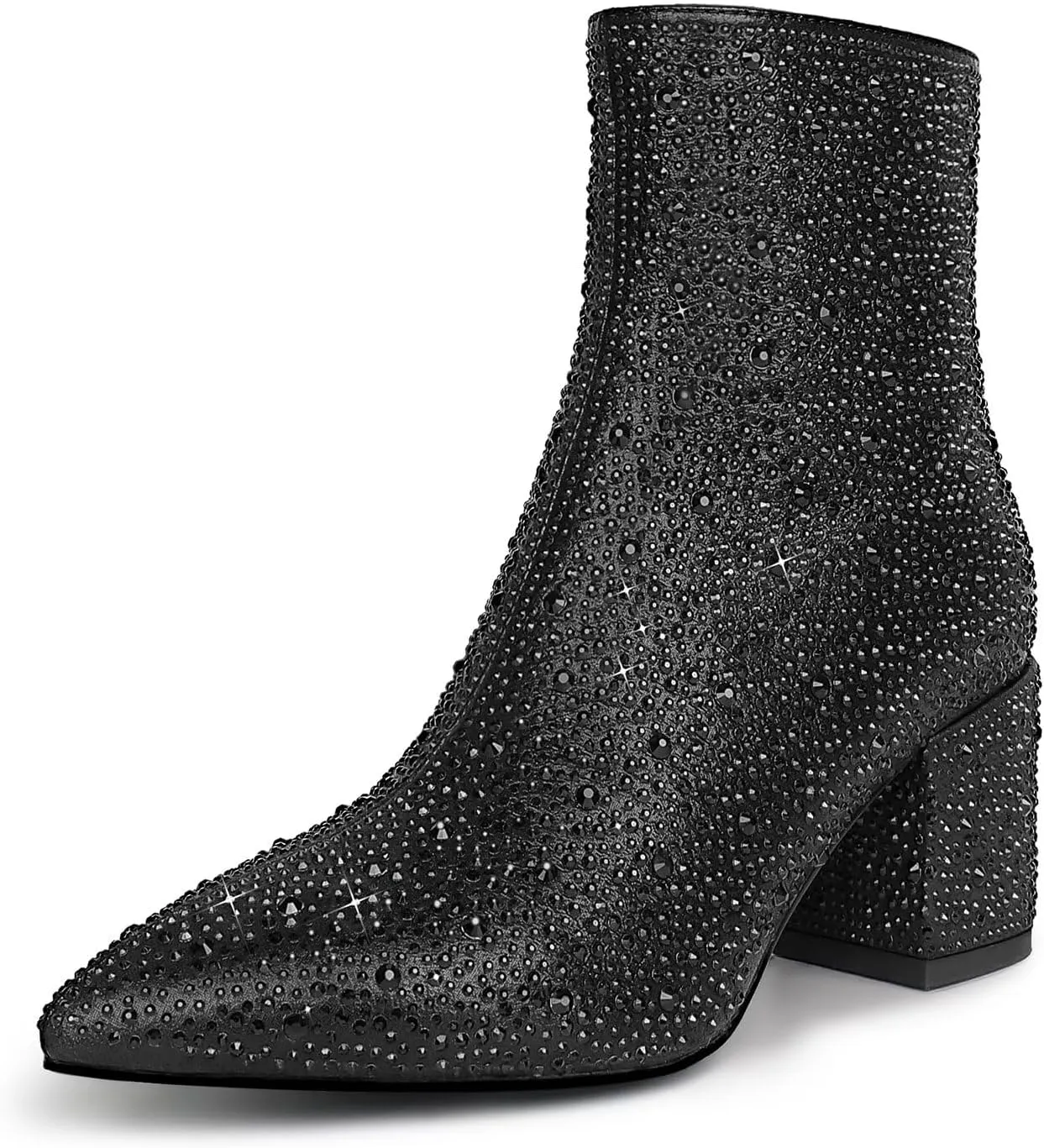 wetkiss Rhinestone/PU Low Chunky Pointed Toe Knee High Boots for Women with Full Bling Sparkly Crystals Booties for Wedding Party Date Dress