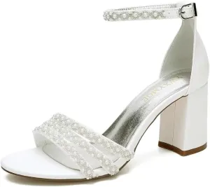 White Women's Block Heel Sandal, Open Toe, Ankle Strap, Pearl Wedding Shoes for Bride, Bridesmaids, Mother of the Bride, Prom, Evening, Cocktail, Ball Gown
