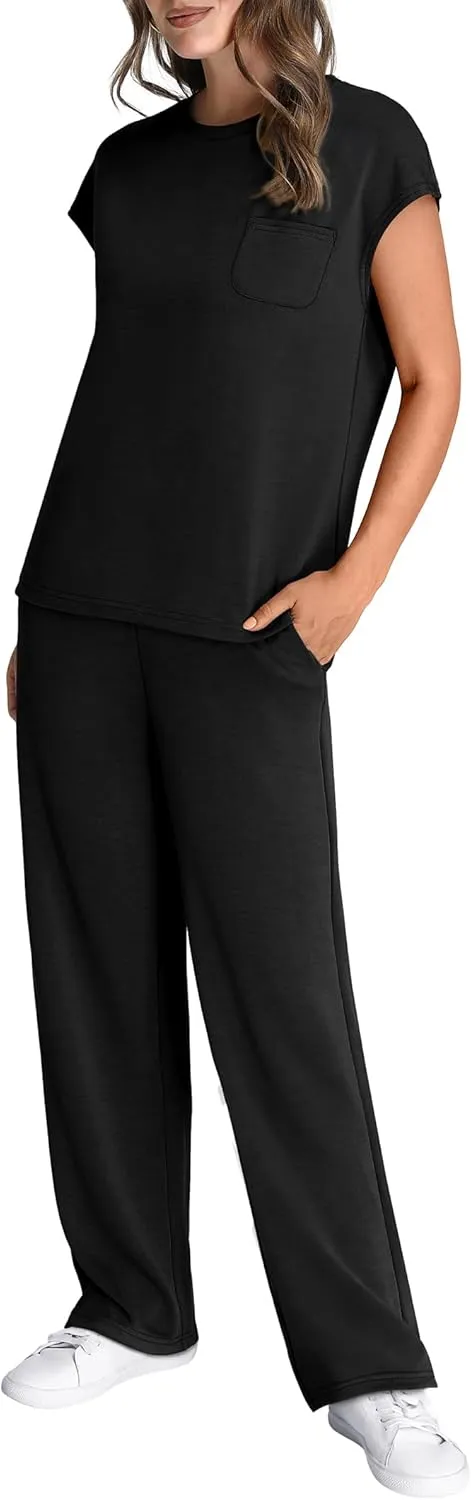 WIHOLL 2 Piece Sets for Women Casual Summer Travel Vacation Outfits Cap Sleeve Lounge Set