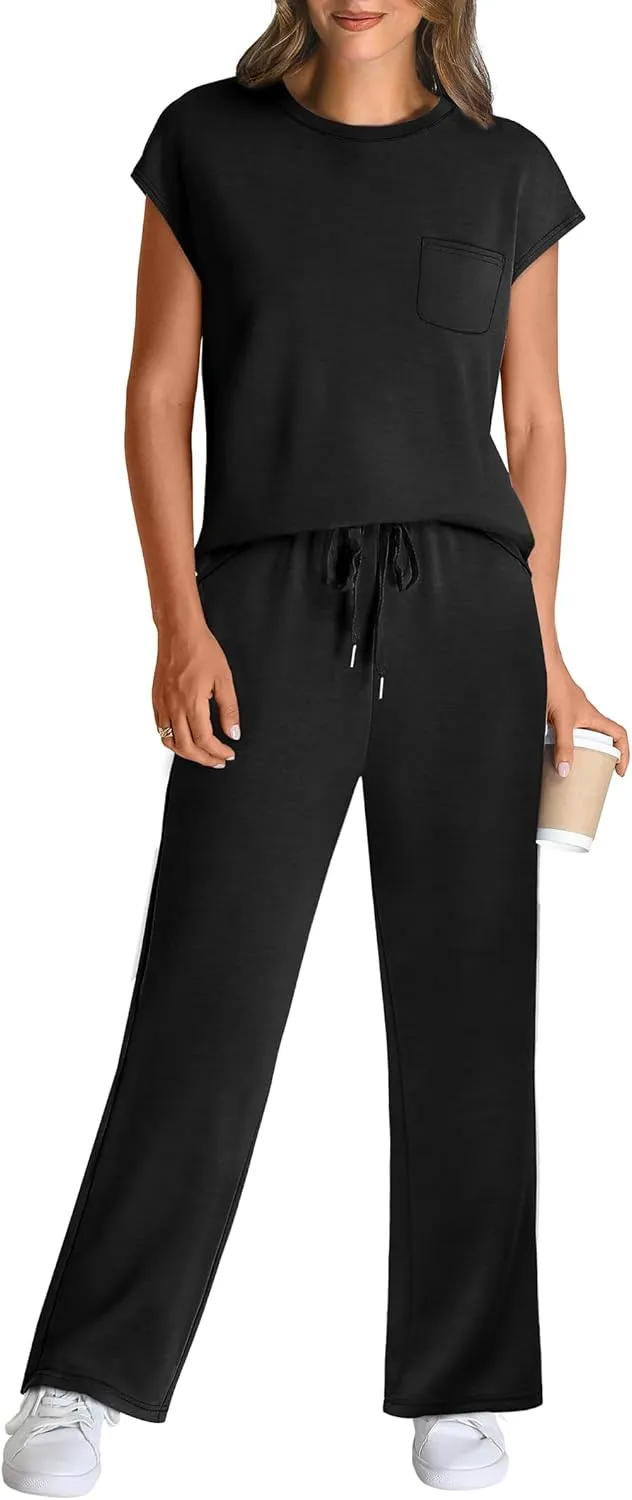 WIHOLL 2 Piece Sets for Women Casual Summer Travel Vacation Outfits Cap Sleeve Lounge Set