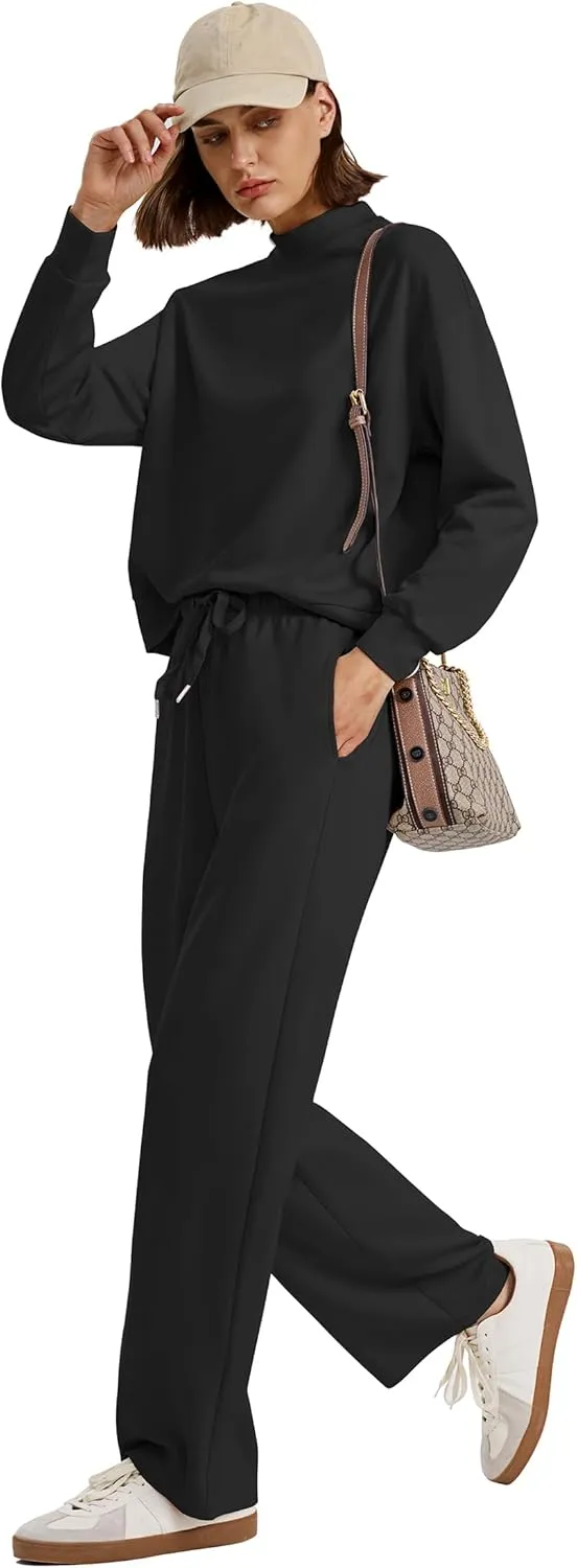 WIHOLL Two Piece Sets for Women Fall Outfits Lounge Sets Mock Neck Tops Wide Leg Pants Vacation Travel Airport Outfits