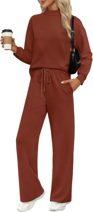 WIHOLL Two Piece Sets for Women Fall Outfits Lounge Sets Mock Neck Tops Wide Leg Pants Vacation Travel Airport Outfits