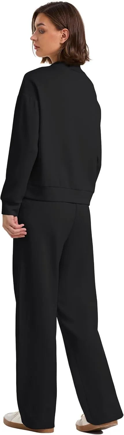 WIHOLL Two Piece Sets for Women Fall Outfits Lounge Sets Mock Neck Tops Wide Leg Pants Vacation Travel Airport Outfits
