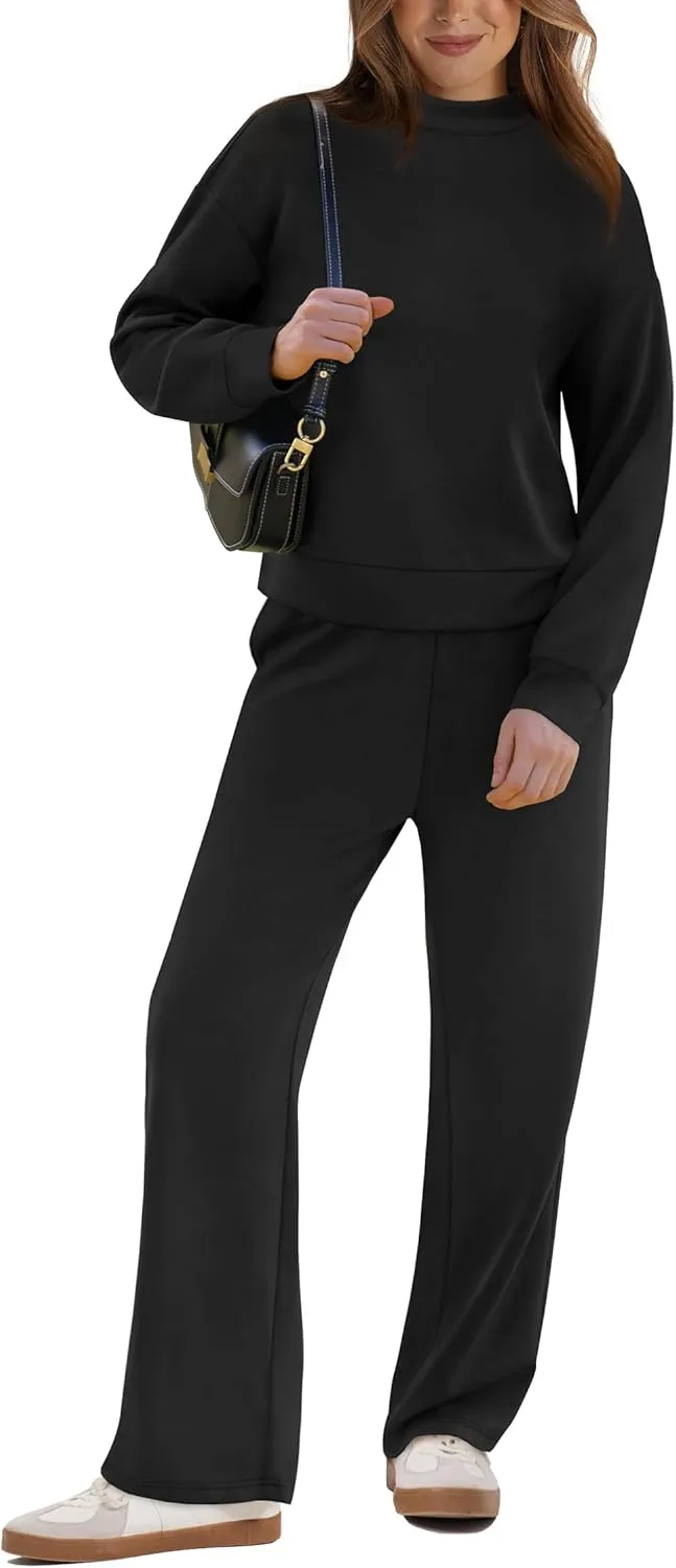 WIHOLL Two Piece Sets for Women Fall Outfits Lounge Sets Mock Neck Tops Wide Leg Pants Vacation Travel Airport Outfits