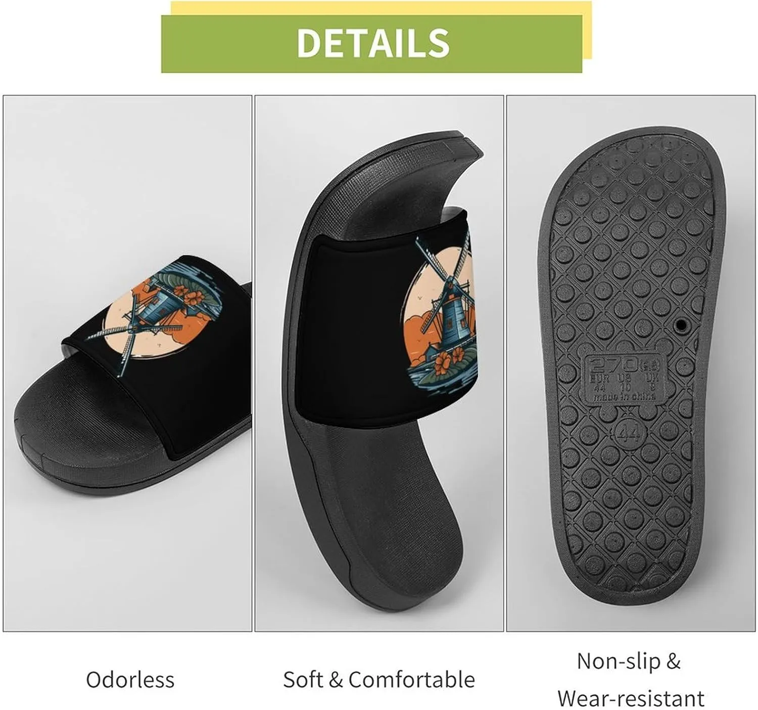Windmill in Holand Home Slipper PVC Open Toe Shower Shoes Non-Slip Bathroom Sandals Pool Sandals for Men Women