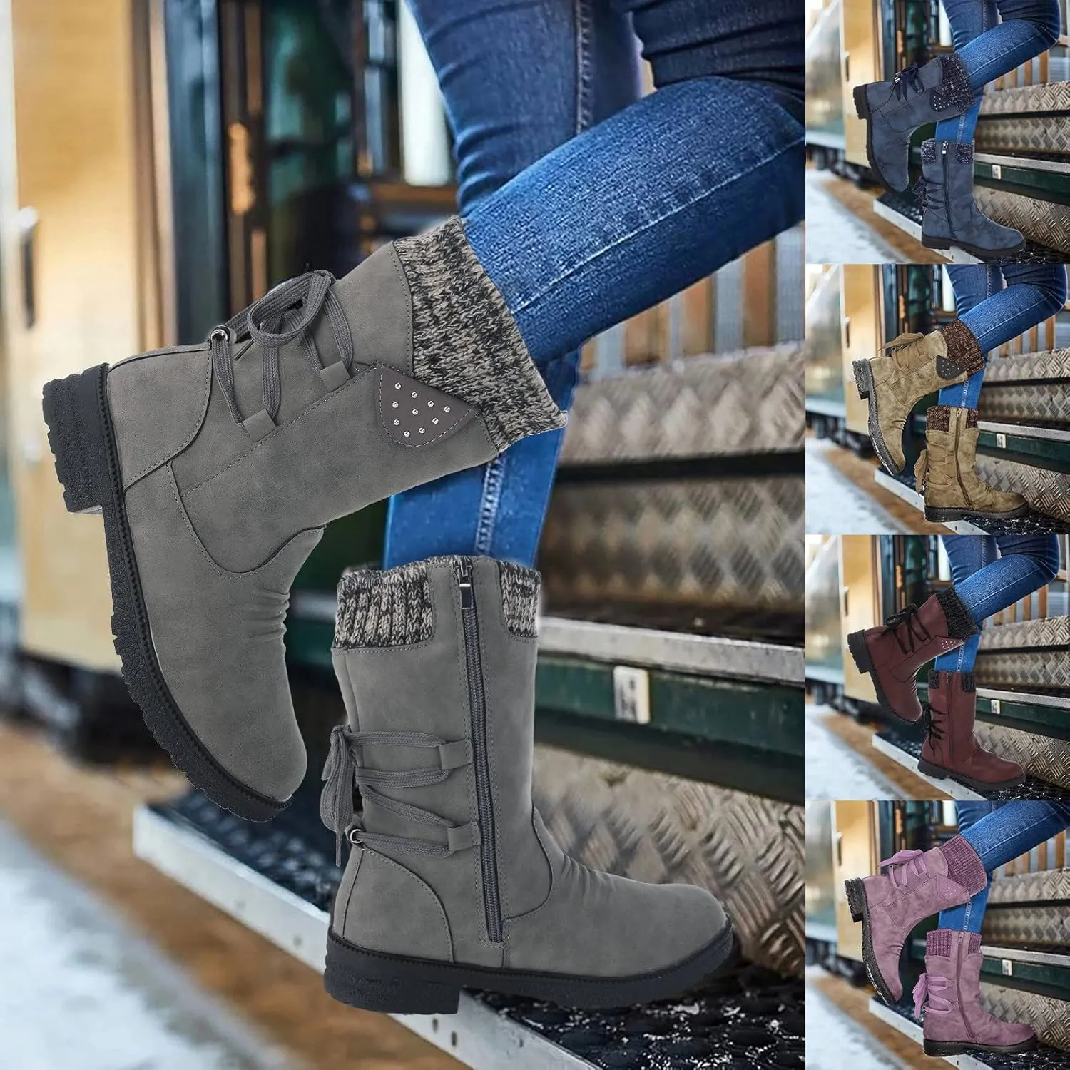 Winter Boots for Women Snow Boots for Women Women Fashion Casual Vintage Retro Lace Up Thick Heels Shoes Snow Boots