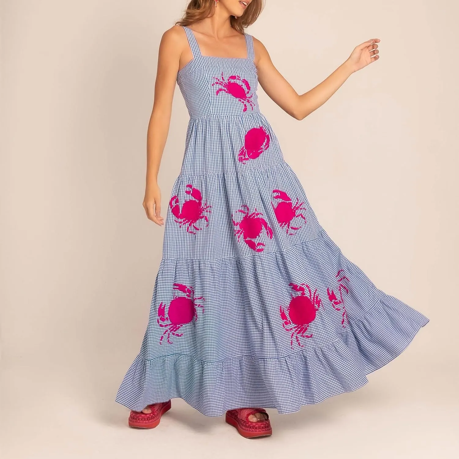 Women Boho Embroidered Cami Maxi Dress Sleeveless Floral Spaghetti Strap Maxi Dress Flowy Bohemian Summer Dresses