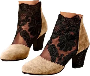 Women Breathable Lace Flowers Closed Toe Block Heel Sandals with Back Zipper Round Toe High Block Ankle Sandalias Summer Casual Fashion Mesh Booties Dress Shoes