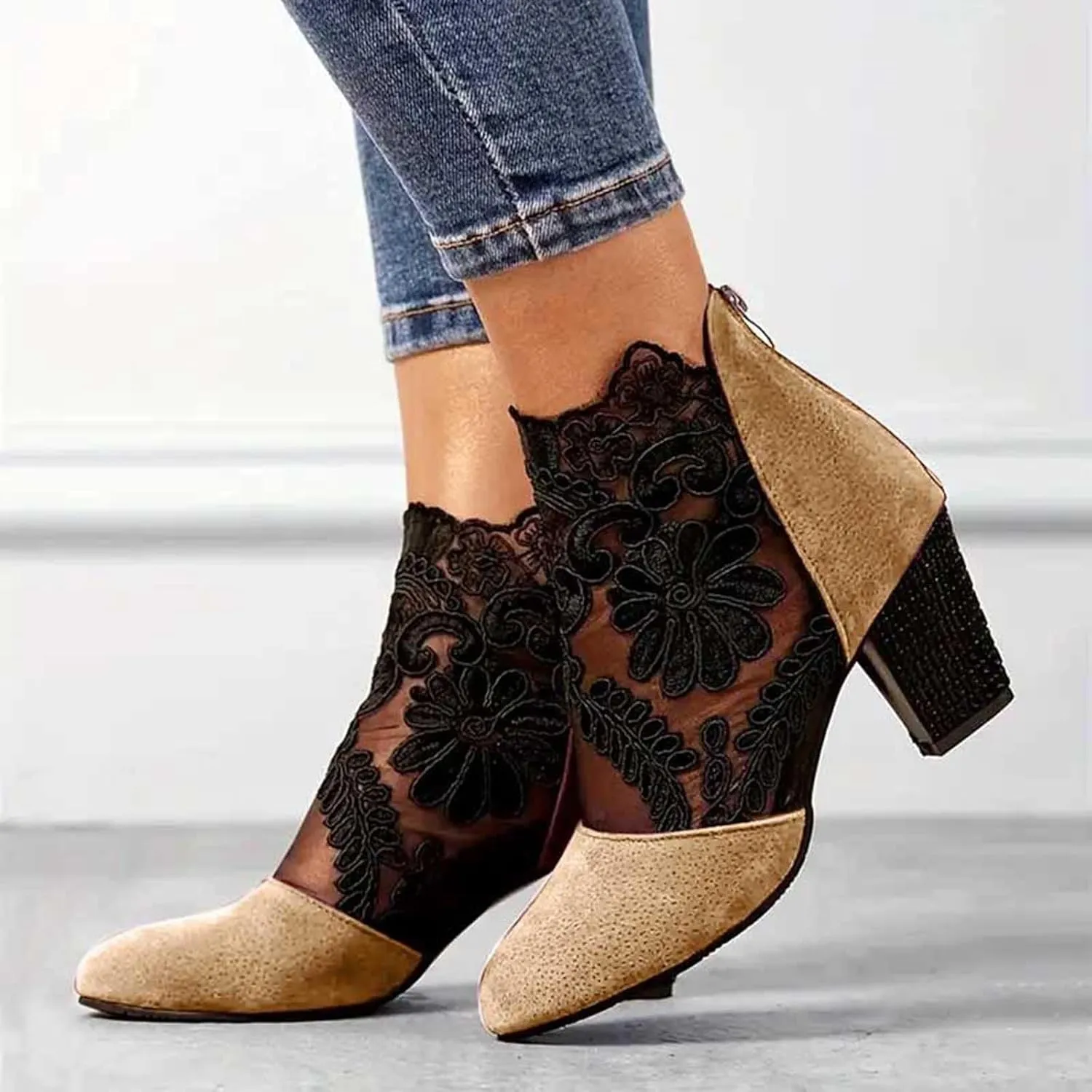 Women Breathable Lace Flowers Closed Toe Block Heel Sandals with Back Zipper Round Toe High Block Ankle Sandalias Summer Casual Fashion Mesh Booties Dress Shoes