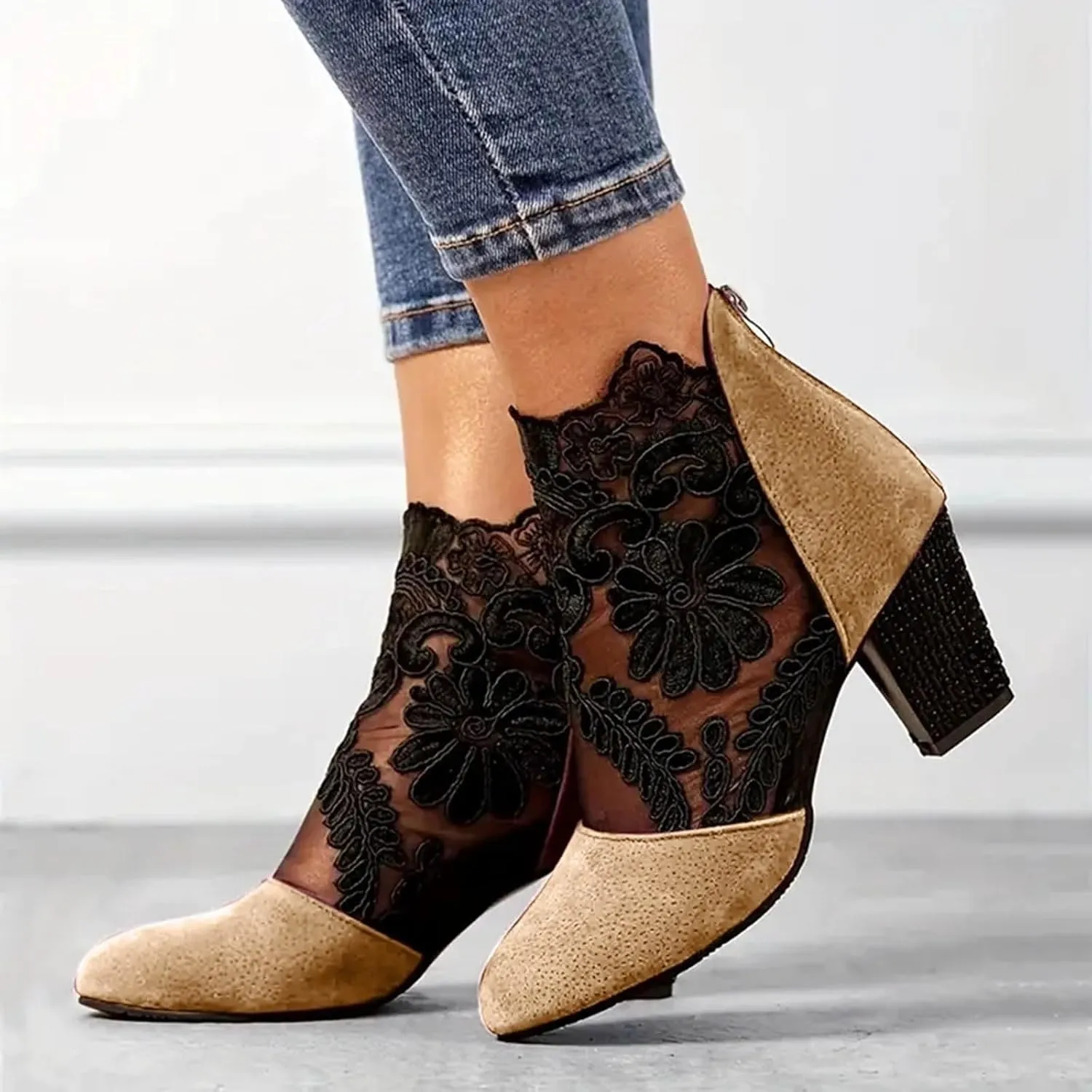 Women Breathable Lace Flowers Closed Toe Block Heel Sandals with Back Zipper Round Toe High Block Ankle Sandalias Summer Casual Fashion Mesh Booties Dress Shoes