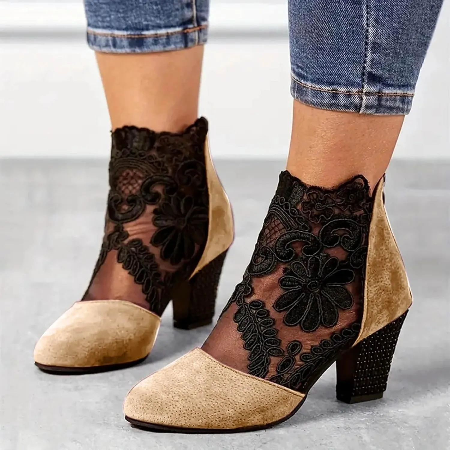 Women Breathable Lace Flowers Closed Toe Block Heel Sandals with Back Zipper Round Toe High Block Ankle Sandalias Summer Casual Fashion Mesh Booties Dress Shoes