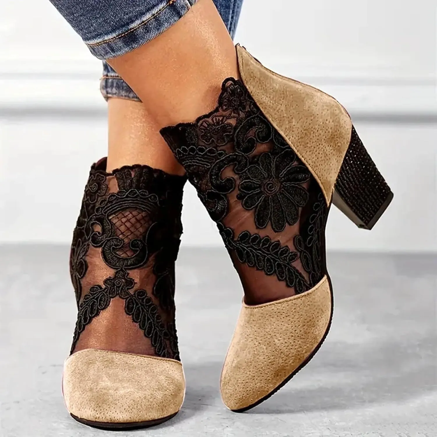 Women Breathable Lace Flowers Closed Toe Block Heel Sandals with Back Zipper Round Toe High Block Ankle Sandalias Summer Casual Fashion Mesh Booties Dress Shoes